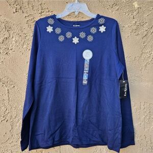 Kim Rogers Navy Blue Christmas Snowflake Long Sleeve Shirt